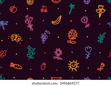 Seamless pattern of naive childish doodle illustration on black background. Children colorful scribble. Cartoon cute hand drawn vector flowers, fruit and butterflies