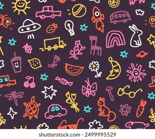 Seamless pattern of naive childish doodle illustration on purple background. Children colorful scribble. Cartoon cute hand drawn vector car, animals, flowers, fruit and butterflies