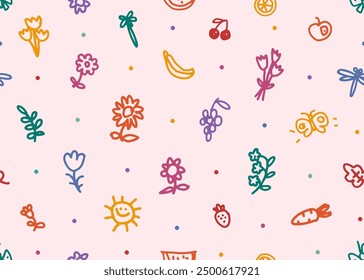 Seamless pattern of naive childish doodle illustration on pink background. Children colorful scribble. Cartoon cute hand drawn vector flowers, fruit and butterflies