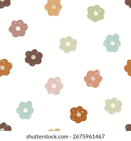 Padrão contínuo com flores coloridas ingênuas no fundo branco. Flores bonitas desenhadas à mão, ilustração vetorial para papel de embrulho.