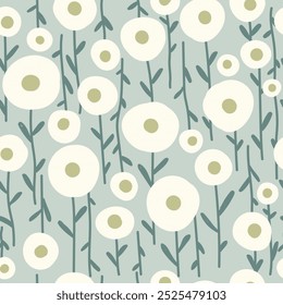 Patrón sin fisuras con flores ingenuas sobre fondo pastel. Flores y hojas del círculo, Ilustración vectorial para el papel de embalaje, Fondo de pantalla, tela.
