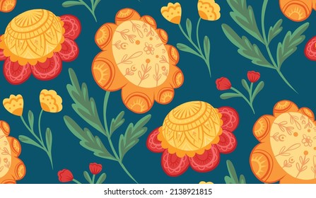 Seamless pattern with naive flowers and stems with folk arts on blue background. Vector texture with sunflowers and poppies with naive ornaments. Botany fabric swatch with floral decoration