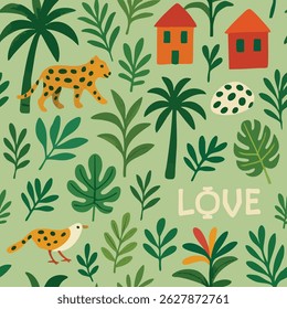 Seamless pattern with naive jungle animals, palm trees, houses LOVE text. Playful, childlike illustration in vibrant greens, orange, red, yellow. Ideal for kids decor and fun textiles
