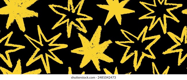 Seamless pattern  with naive playful abstract star shapes collection. Various trendy shapes in geometric doodle style. Vector modern graphic design elements. Star silhouettes for posters, banners, 