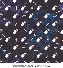 Seamless pattern in naive style. Vector illustration for Halloween. Funny white ghosts and bats on Halloween night. Night sky. Flying spirits.
	 