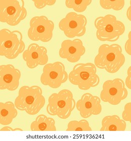 Seamless pattern with naive yellow flowers . Hand drawn cute flowers on light yellow background, vector illustration for wrapping paper.