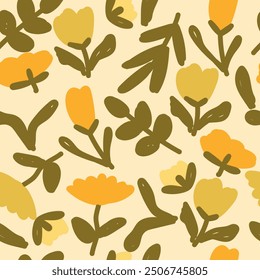 Seamless pattern with naive yellow tulips and leaves on light background. Floral pattern for fabric, clothes,  wrapping paper