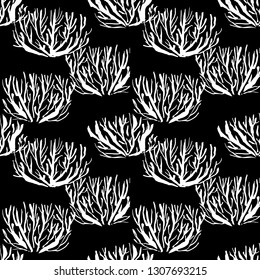 Seamless pattern with naked bushes. Hand drawn grunge ink background. Vector illustration.