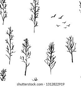 Seamless pattern with naked trees. Hand drawn grunge ink background. Vector illustration.