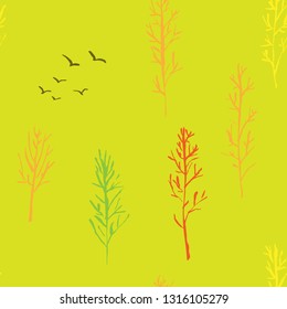 Seamless pattern with naked trees. Hand drawn grunge ink background. Vector illustration.