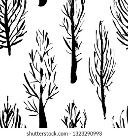 Seamless pattern with naked trees. Hand drawn grunge ink background. Vector illustration.