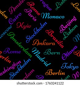 Seamless pattern with the name capitals of the world. Creative background