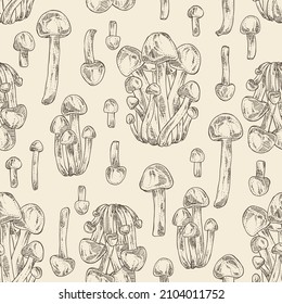 Seamless pattern with nameko pholiota: piece of mushroom, nameko pholiota mushrooms. Vector hand drawn mushroom illustrations