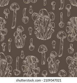 Seamless pattern with nameko pholiota: piece of mushroom, nameko pholiota mushrooms. Vector hand drawn mushroom illustrations