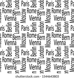 Seamless pattern with the names of cities and capitals of Europe. Typography, vector graphics. Black font on white background
