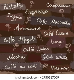 Seamless pattern with names of coffee beverages on the brown background