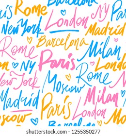 Padrão contínuo com nomes de cidades do mundo. Ilustração de caligrafia de pincel desenhada à mão