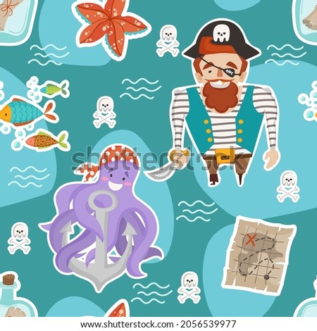 Seamless pattern namor theme with cartoon pirates, octopuses, starfishes and treasure maps. Vector illustration for printing onto fabric, wallpaper and wrapping paper.