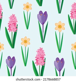 
Nahtloses Muster mit Narzissen, Krokus und Hyazinthen, einzeln auf blauem Hintergrund. Vektorgrafik eines Musters für Textildesign, Verpackungsgeschenkpapier