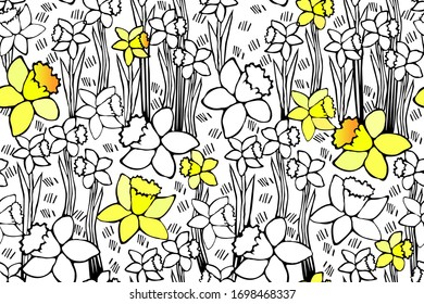 Seamless pattern with narcissus flowers. Early spring plant. Yellow flowers with a long trumpet and petals. Doodle, outline sketch vector illustration