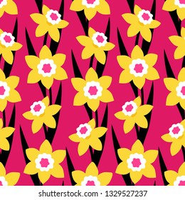 Seamless pattern with narcissus flowers on pink background. Can be used for printing on fabric and paper and other surfaces.