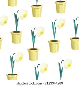 Seamless pattern of narcissus flowers in a pot on a white background.Vector pattern.