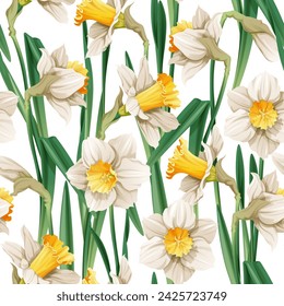 Seamless pattern with narcissus flowers. Spring fabric design. Floral print for Easter with daffodils. Suitable for fabric wallpaper, textiles, scrapbooking.