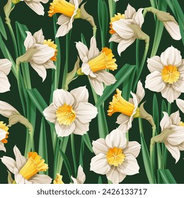 Seamless pattern with narcissus flowers. Spring fabric design. Floral print for Easter with daffodils. Suitable for fabric wallpaper, textiles, scrapbooking.