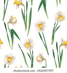 Seamless pattern with narcissus flowers. Spring fabric design. Floral print for Easter with daffodils. Suitable for fabric wallpaper, textiles, scrapbooking.