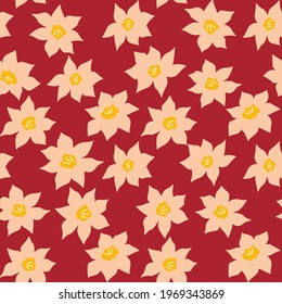 Seamless pattern with narcissus flowers. Vector illustration hand drawn. Botanical plant daffodils background. Wrapping, print or fabric texture