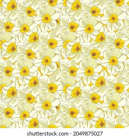 Seamless pattern of Narcissus flowers.Great for fabric pattern.Yellow background.