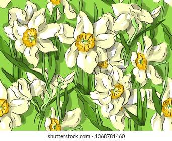 Seamless pattern with narcissus, leaves, flowers, spring