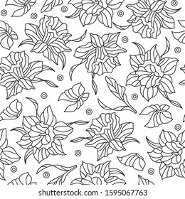 Seamless pattern with  narcissuses and butterflies, dark contoured flowers and butterflies on white background