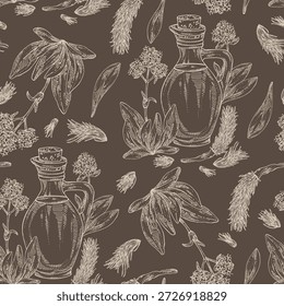 Seamless pattern with nardostachys jatamansi: plant, flowers, codonopsis lanceolata roots and bottle of nard oil. Nard indian. Vector hand drawn illustration