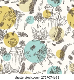 Seamless pattern with nardostachys jatamansi: plant, flowers, codonopsis lanceolata roots and bottle of nard oil. Nard indian. Vector hand drawn illustration