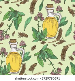 Seamless pattern with nardostachys jatamansi: plant, flowers, codonopsis lanceolata roots and bottle of nard oil. Nard indian. Vector hand drawn illustration