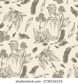 Seamless pattern with nardostachys jatamansi: plant, flowers, codonopsis lanceolata roots and bottle of nard oil. Nard indian. Vector hand drawn illustration