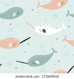 Seamless pattern with narwhal. Childish cute print. Vector hand drawn illustration.