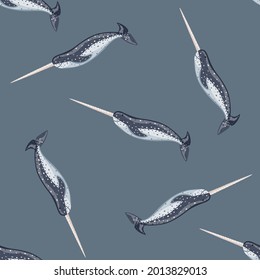 Seamless pattern Narwhal on gray background. Template of cartoon character of ocean for fabric. Repeated random texture with marine cetacean. Design for any purposes. Vector illustration.