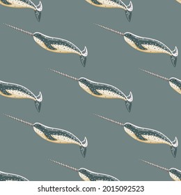 Seamless pattern Narwhal on teal background. Template of cartoon character of ocean for fabric. Repeated geometrical texture with marine cetacean. Design for any purposes. Vector illustration.