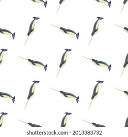 Seamless pattern Narwhal on white background. Template of cartoon character of ocean for fabric. Repeated diagonal texture with marine cetacean. Design for any purposes. Vector illustration.