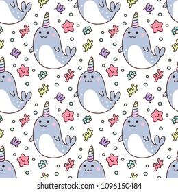 Seamless pattern with narwhal, starfish, pearl, shells, coral. It can be used for packaging, wrapping paper, textile and etc. Excellent print for children's clothes, bed linens, etc.