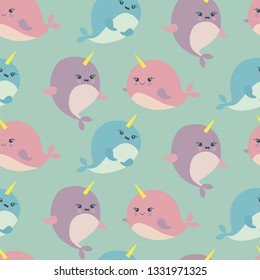 Seamless pattern with narwhal unicorn whale fishes. Vector illustration.