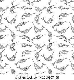 Seamless pattern with narwhals. Black and white nursery background. Childish design. Perfect for textile, apparel, fabric, wrapping, wallpaper. Vector illustration.