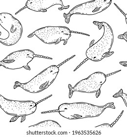 Seamless pattern with narwhals. Unicorn fish hand drawn vector illustration.