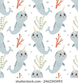 Seamless pattern with narwhals. Vector illustration in flat cartoon style, colorful character on white for fabric , paper print.