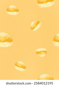 Seamless Pattern of Nastar Cookies in Watercolor Style on Warm Yellow Background. Perfect for Packaging and Wrapping Paper.