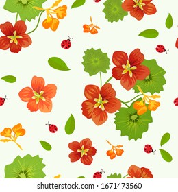 Seamless pattern with nasturtium flowers and ladybugs on a light background.