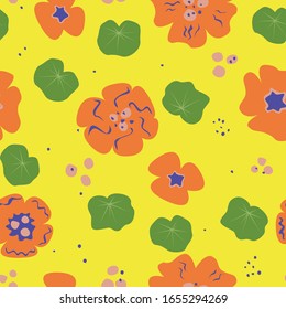 A seamless pattern with nasturtium flowers and leaves on a yellow background. Floral nature vector stock illustration with doodle texture for printing on textile, paper or fabric