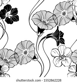 Seamless pattern with nasturtium and loach. Monochrome vector illustration.Floral pattern on a white background.